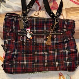 Coach Poppy Metalic Tartan Tote with Black Patent Handles